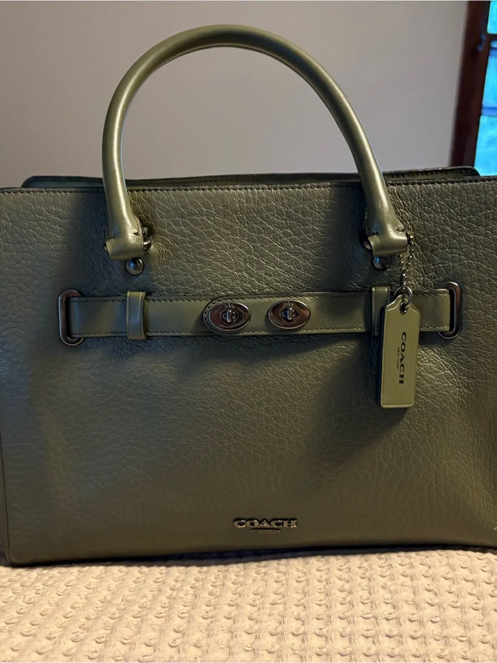 Coach Olive Green Leather Tote with Top Handles